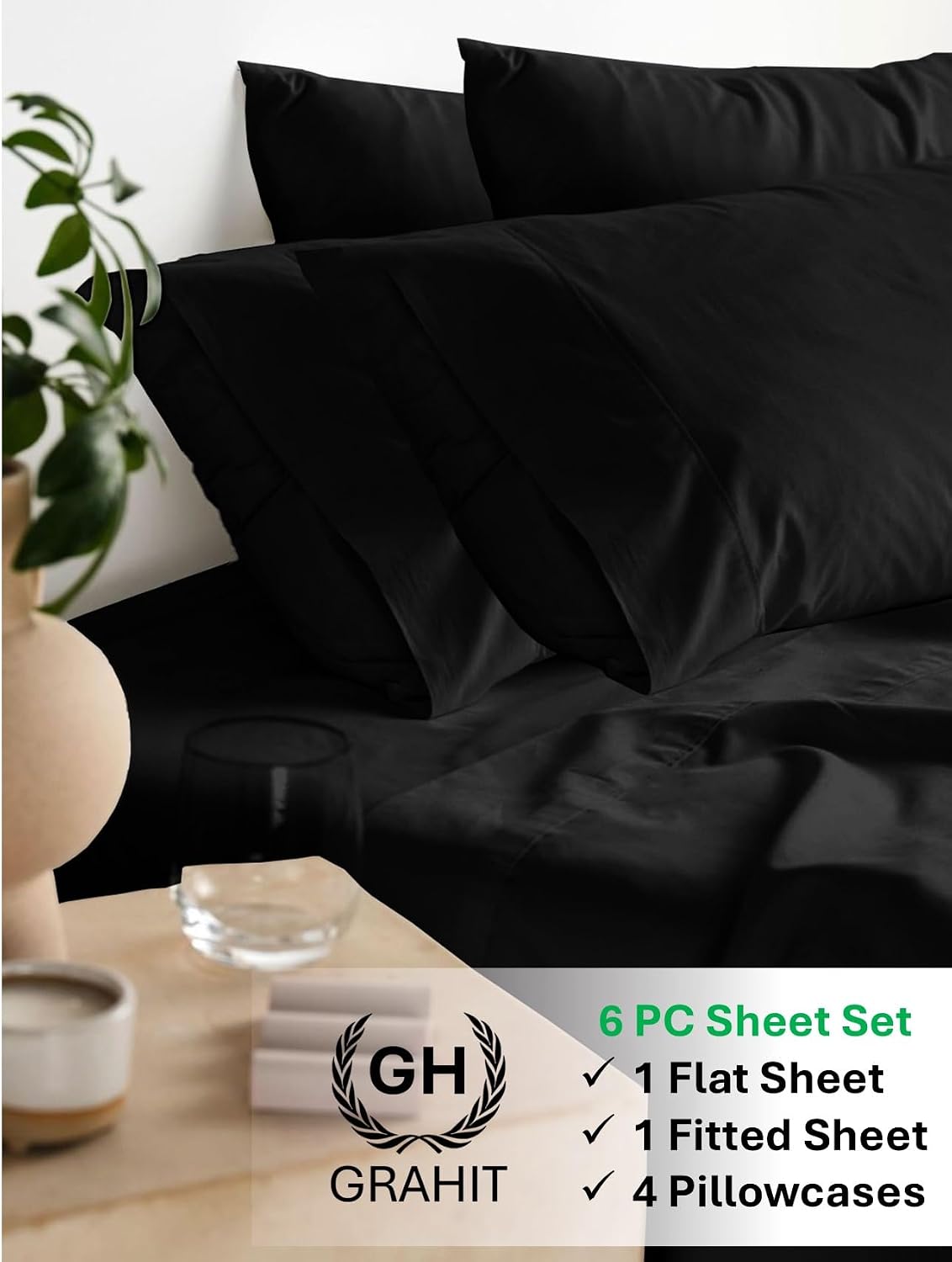 100% Egyptian Long Staple Cotton Bedsheet Set, 800 Thread Count, 6-PC Sheets Set, Black Color, Queen Size, 15 Inch Deep Pocket of Fitted Sheet, Soft Sateen Weave Breathable