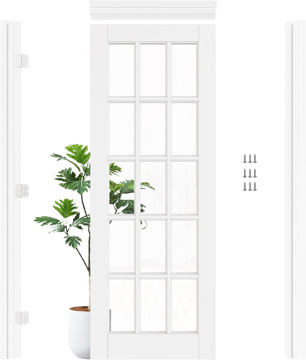 30' x 80' Prehung Door 15-Lite Tempered Clear Glass Slab Doors with Jamb Kit, Solid Core MDF Interior Door for Bathroom Pantry Laundry, Home Doors, Easy Assemble - Left Handed Silver Hinge