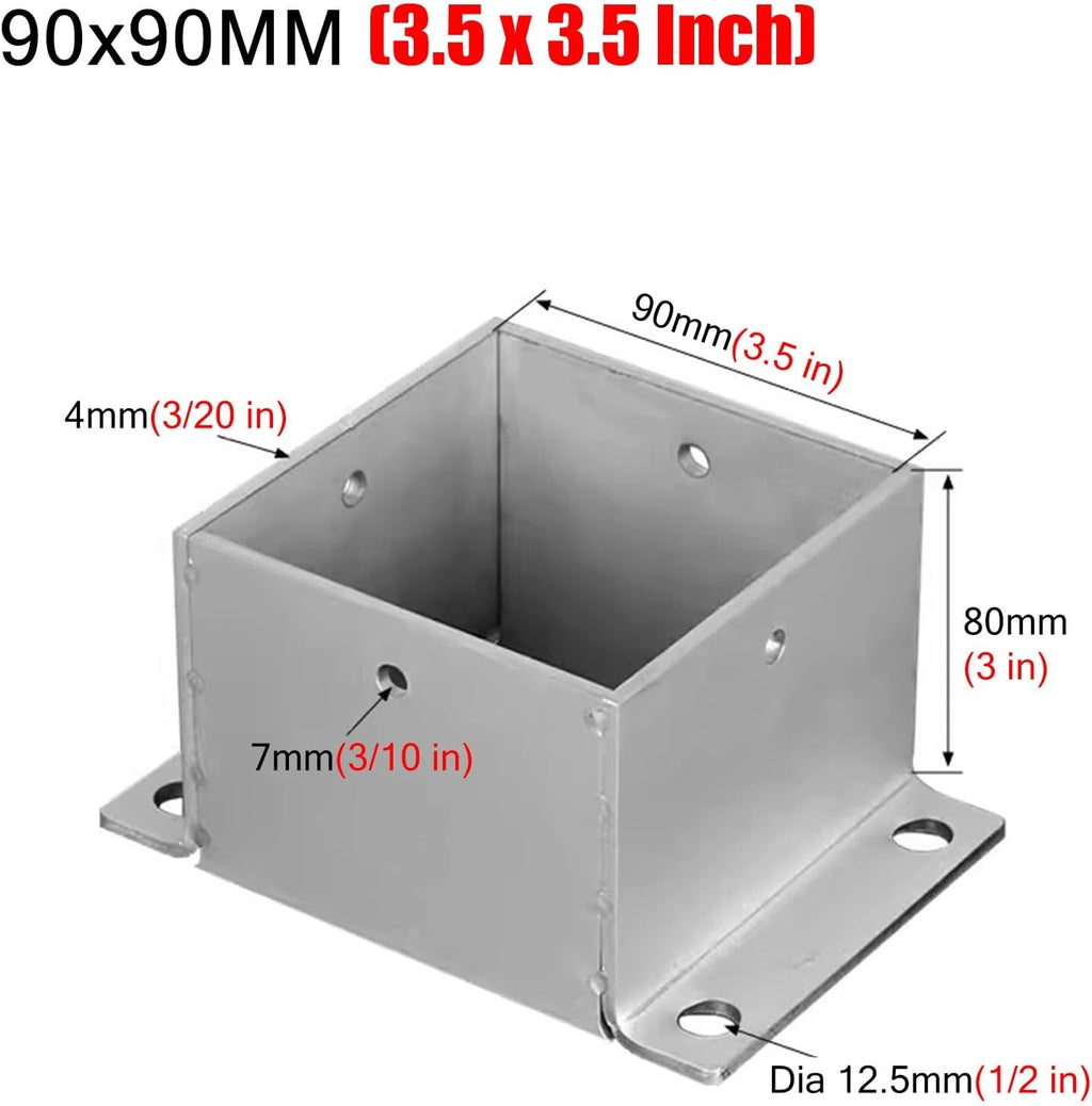 4 Pack Wood Fence Post Base Brackets, Concrete Post Anchor for Deck Railing/Vinyl Fence/Mailbox, Enclosed Bottom Pergola Support Bracket with Installation Kit(90x90 mm (3.5x3.5 in))