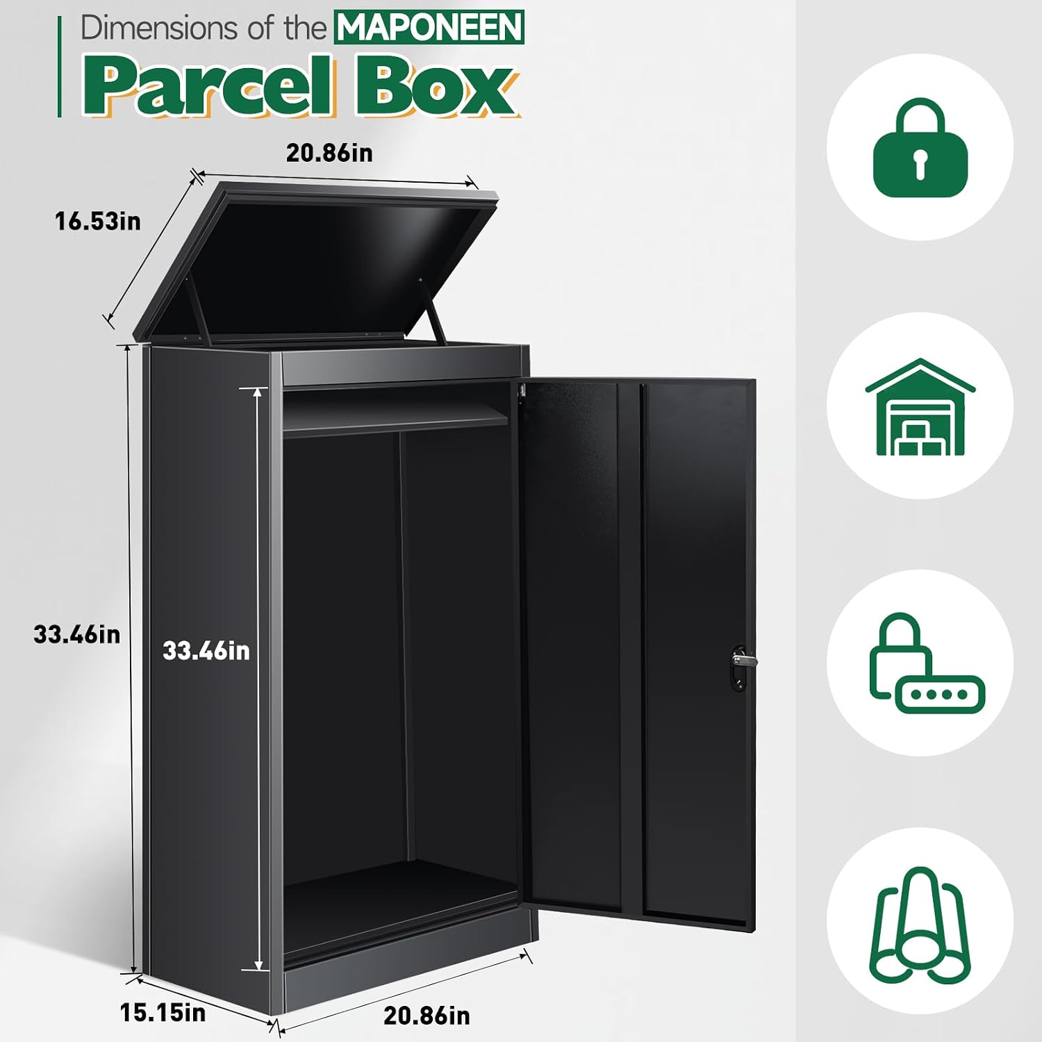 Package Delivery Box for Outside - 20.8 * 16.5 * 33.4IN Lockable Black Metal Parcel Drop Box, Anti-Theft, IPX3 Waterproof, Weather-Resistant Mailbox for Porch, Fence, Curbside