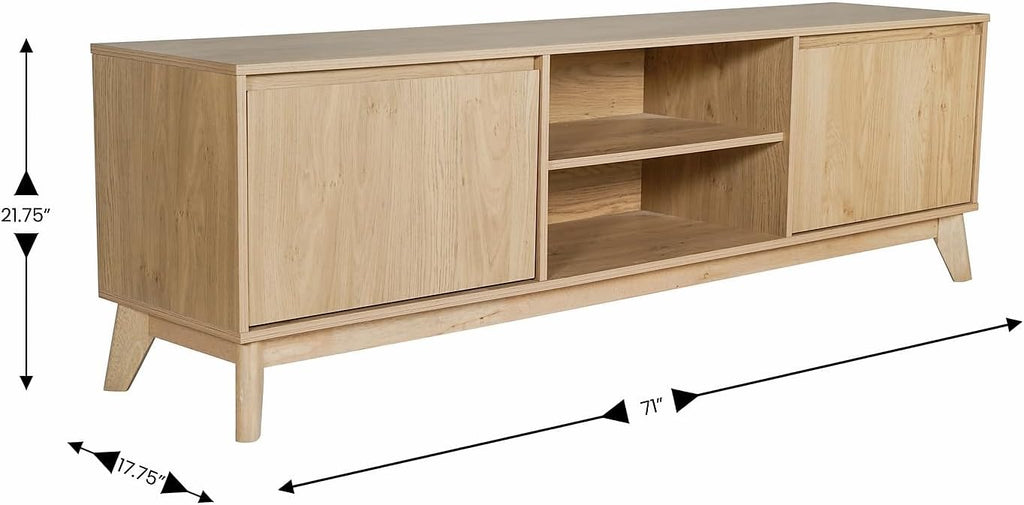 Flash Furniture Hatfield Mid-Century Modern TV Stand for 65+ Inch TV's - Light Natural Laminate Finish - 70' Media Center - Adjustable Center Shelf - Soft Close Doors