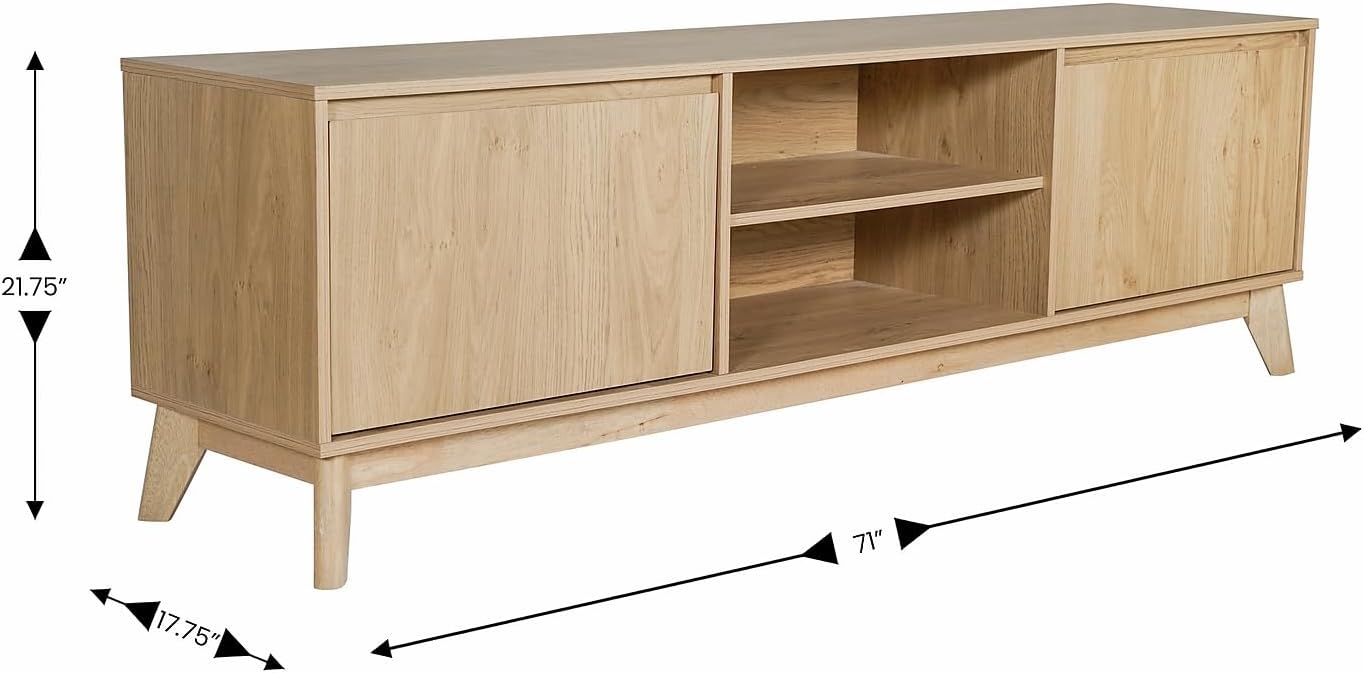 Flash Furniture Hatfield Mid-Century Modern TV Stand for 65+ Inch TV's - Light Natural Laminate Finish - 70' Media Center - Adjustable Center Shelf - Soft Close Doors