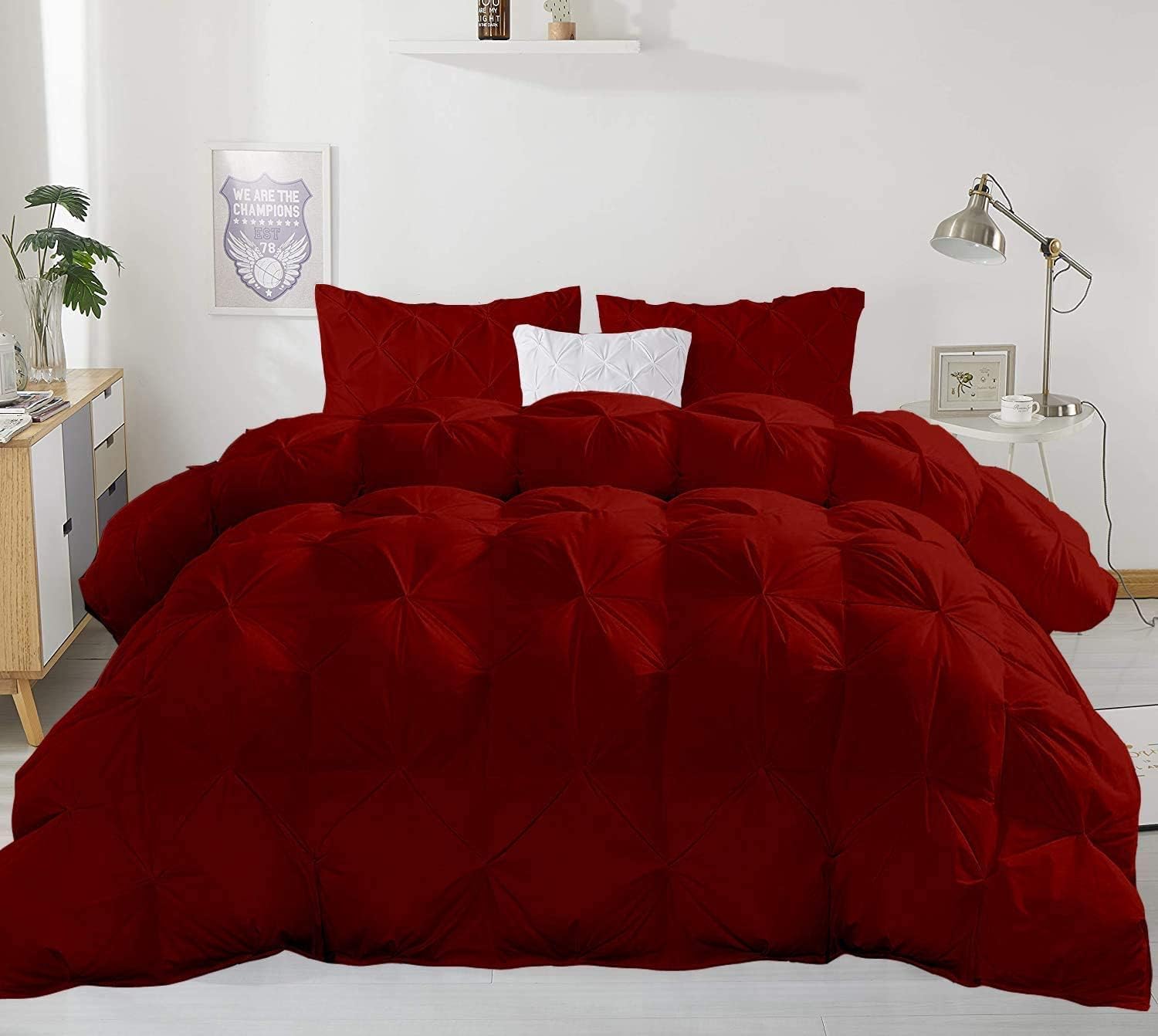 Pinch Pleated Soft 400 GSM All Season Burgundy 5 Piece Queen Size Comforter Set (Comforter + 4 Pillowcases) 600 Series Egyptian Cotton Comforter Bedding Set