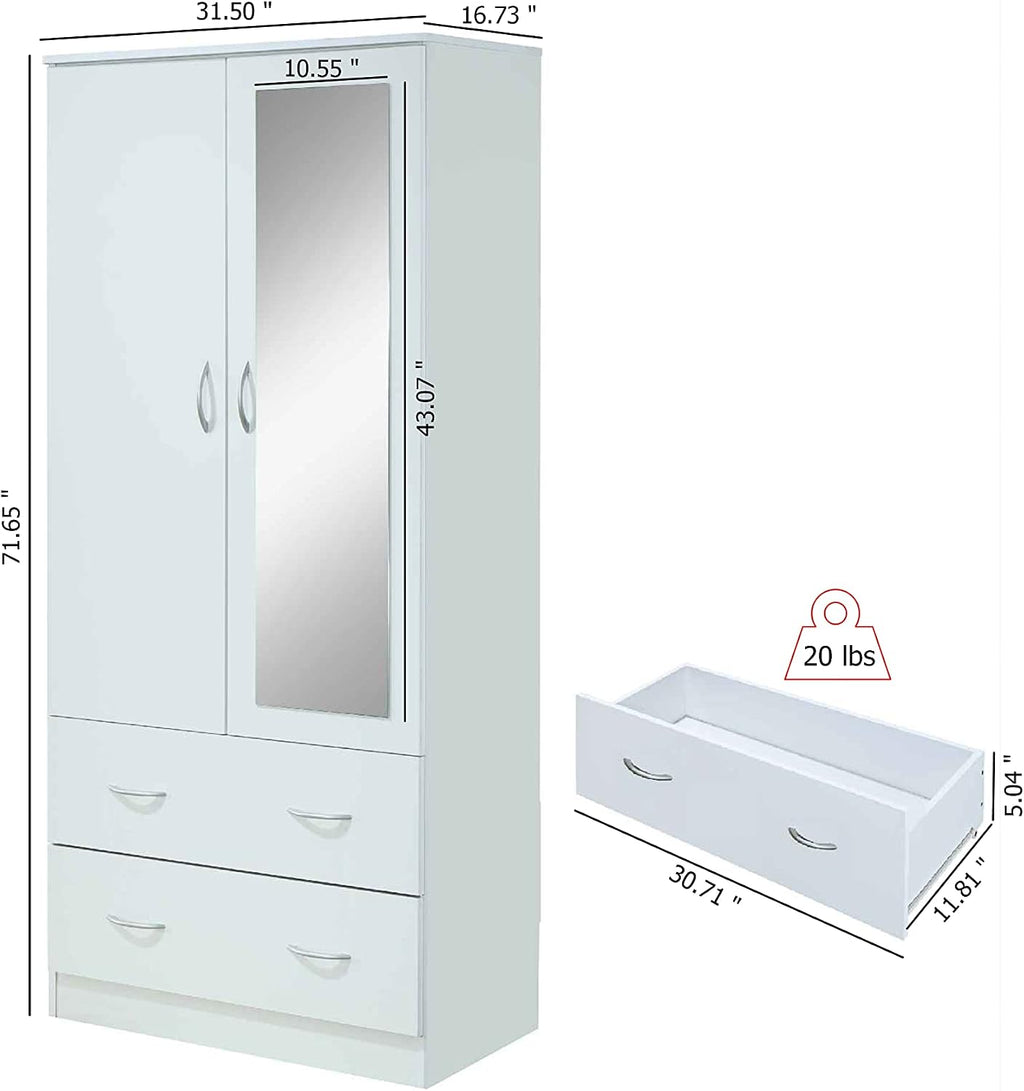 HODEDAH 2 Door Wood Wardrobe Bedroom Closet with Clothing Rod inside Cabinet, 2 Drawers for Storage and Mirror, White