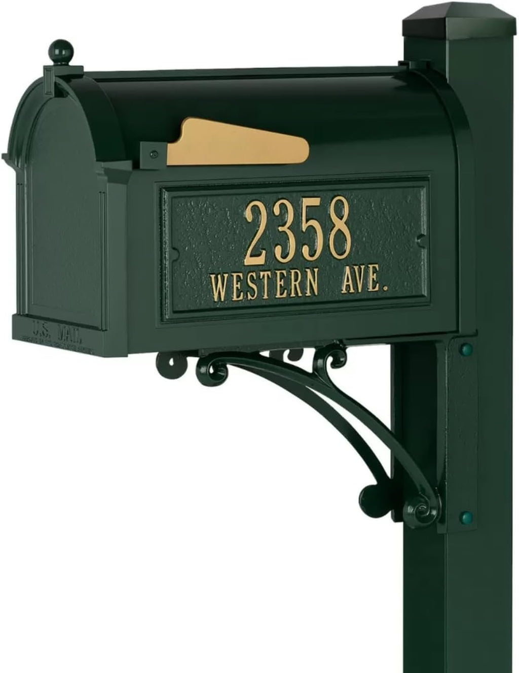 Whitehall Superior Mailbox Package Large Cast Aluminum Streetside Mailbox with Decorative Superior Post & Personalized Address Side Plaques Powder Coated Classic Green Mailpost