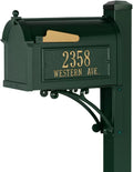 Whitehall Superior Mailbox Package Large Cast Aluminum Streetside Mailbox with Decorative Superior Post & Personalized Address Side Plaques Powder Coated Classic Green Mailpost