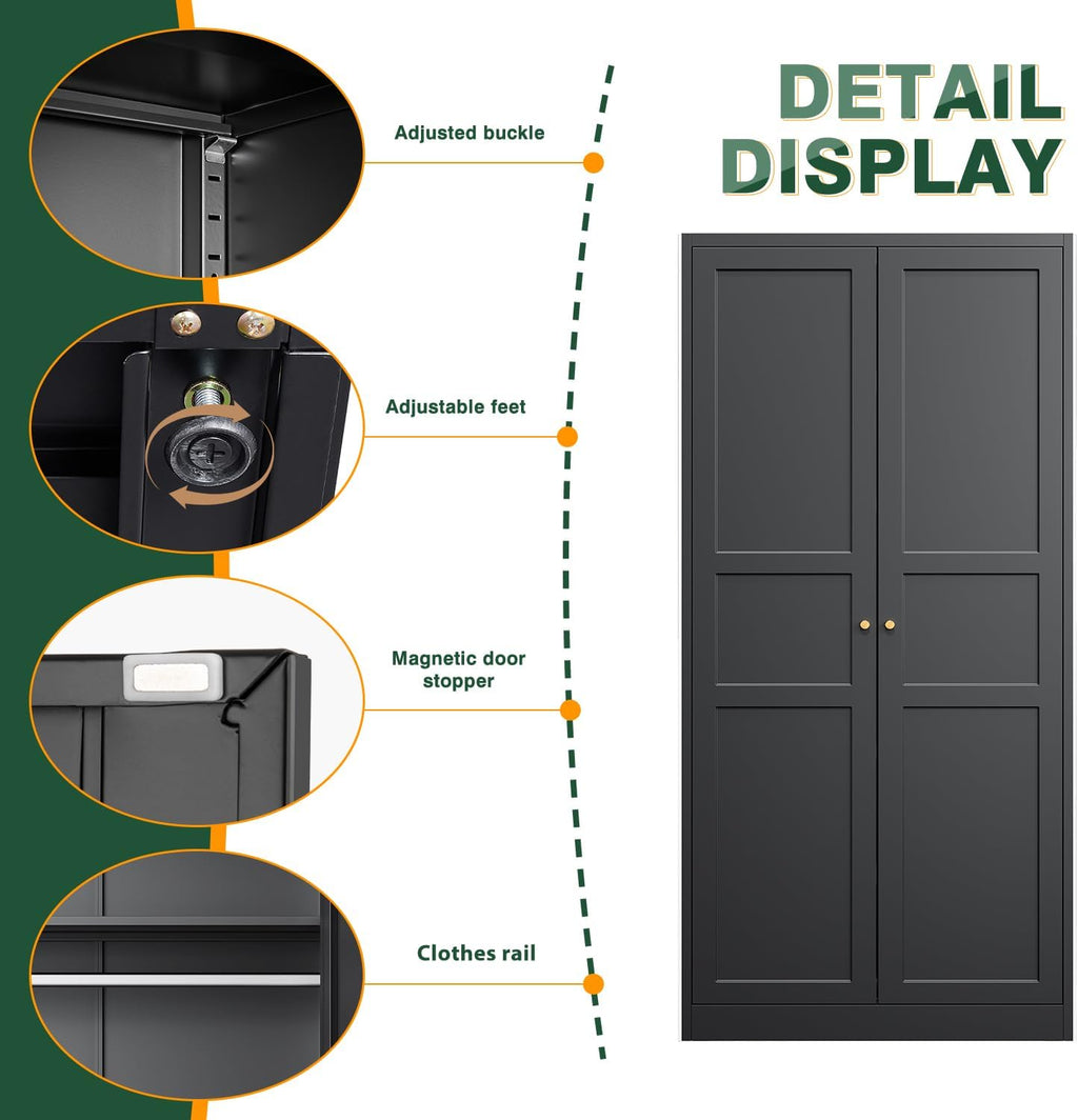 Letaya Wardrobe Armoire Closet,72' H Metal Storage Cabinet with Adjustable Shelves and Hanging Rod,Bedroom Armoire Cabinet Clothes Organizer (Black)