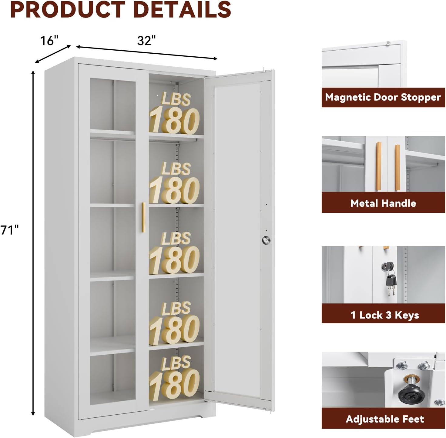 Display Cabinet with Glass Doors,71' Metal Curio Cabinets with 4 Adjustable Shelves, 5 Tier Display Case for Collectibles, Metal Storage Cabinet, White