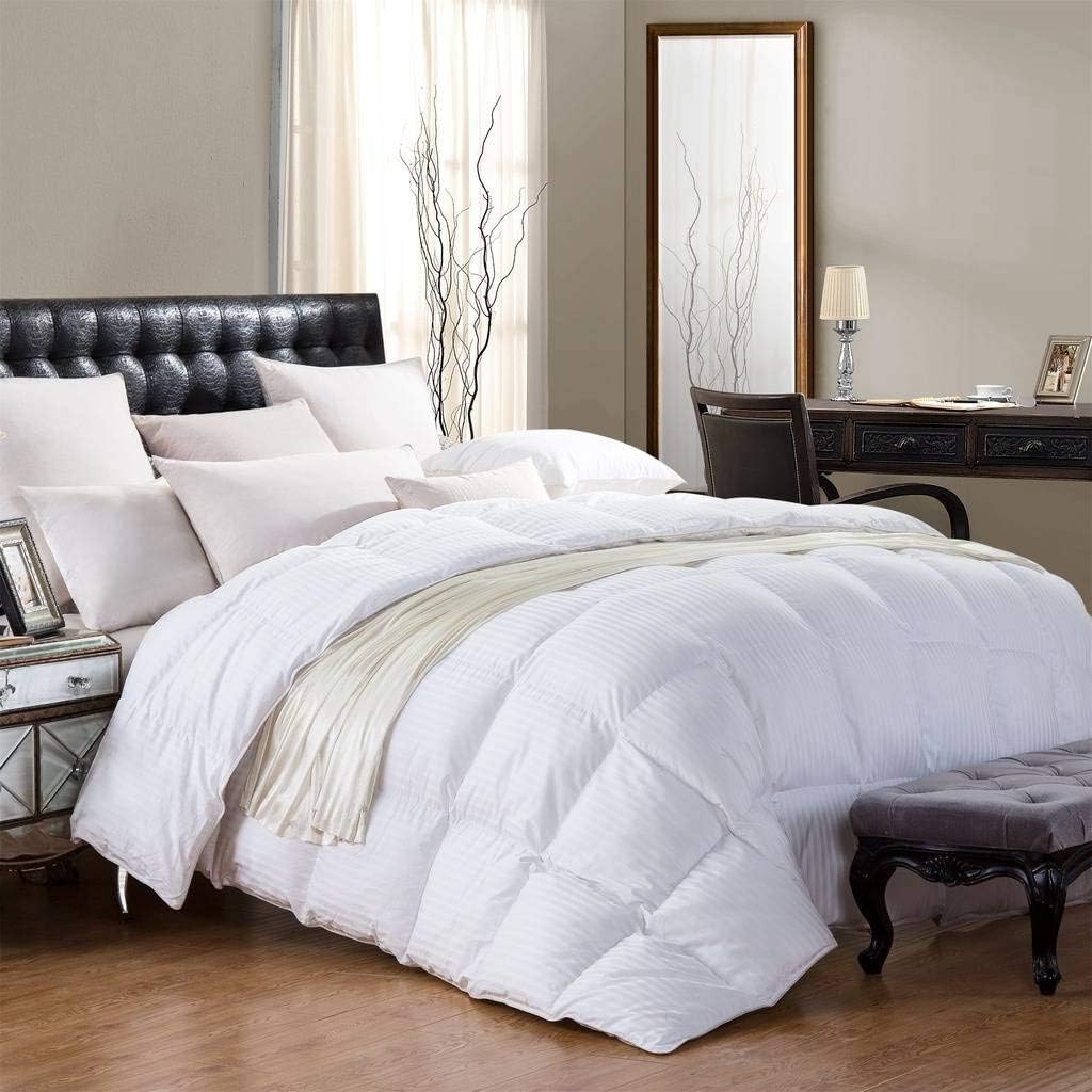 Full/Queen Size Super Luxurious White Damask Stripe 1200 Thread Count Siberian Goose Down Comforter, Baffle Box Design, 100 Percent Egyptian Cotton, 1200 TC, 750FP, 60Oz, White Damask Stripe Style
