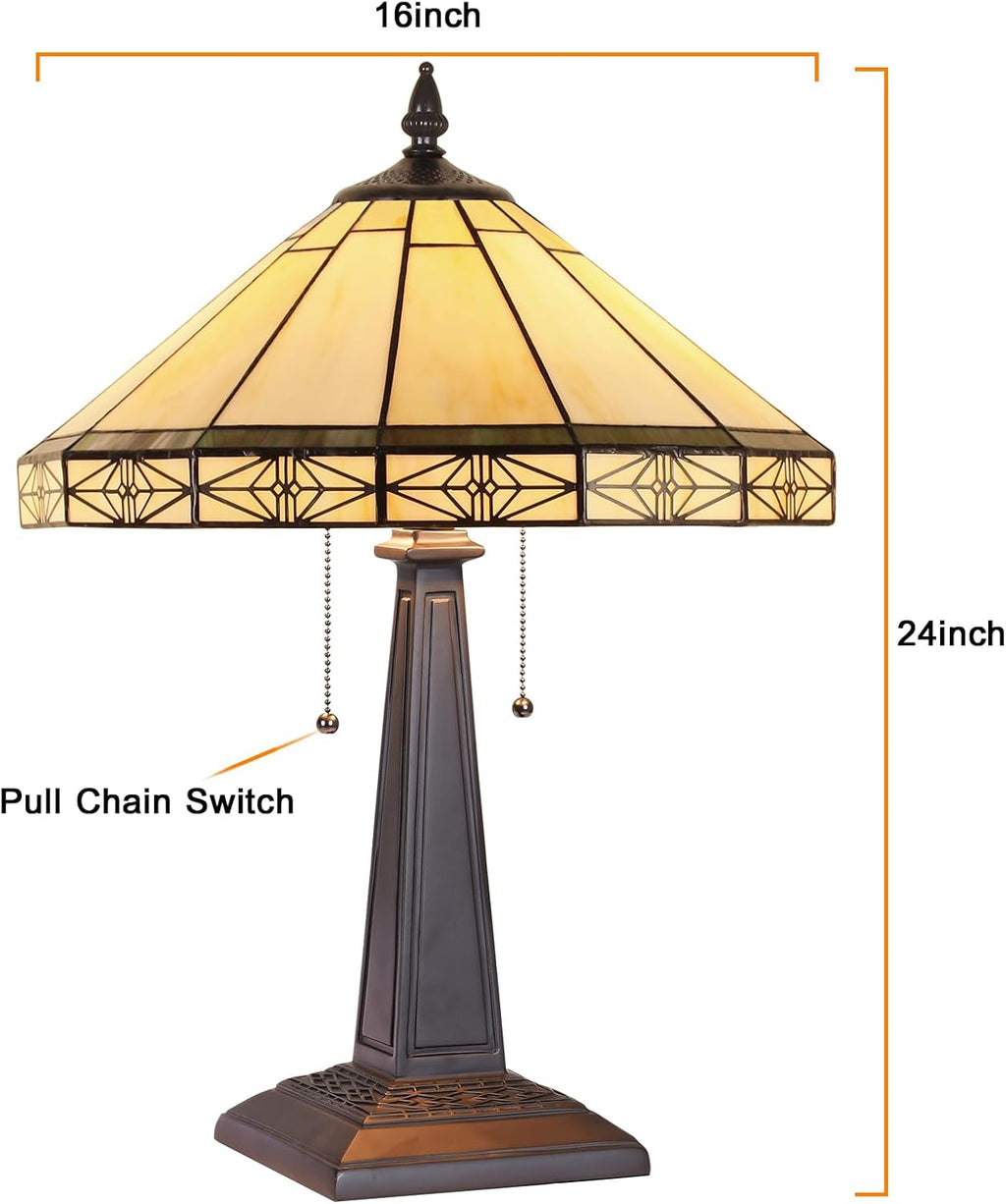 Capulina Tiffany Lamp Stained Glass Table Lamp 2-Lights 16' Wide Cream Color Mission Art Tiffany Style Bedside Reading Desk Lamp for Bedrooms Living Room Home Office