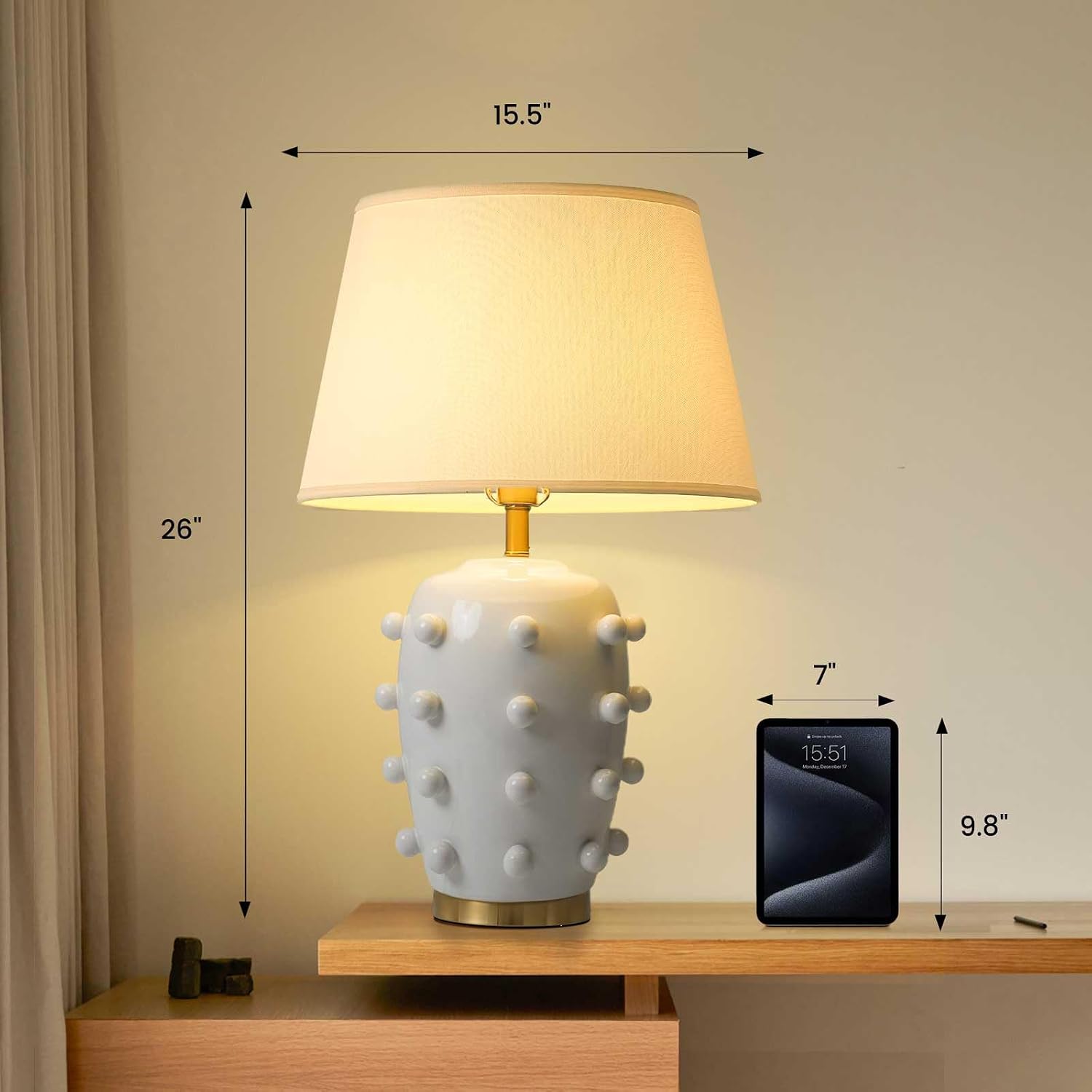 Modern Ceramic Linden Table Lamp - 26' White Ball Farmhouse Design, Classic Table Lamp Pottery Tapered Drum Shade for Living Room, Bedroom, Office, and Home （White）