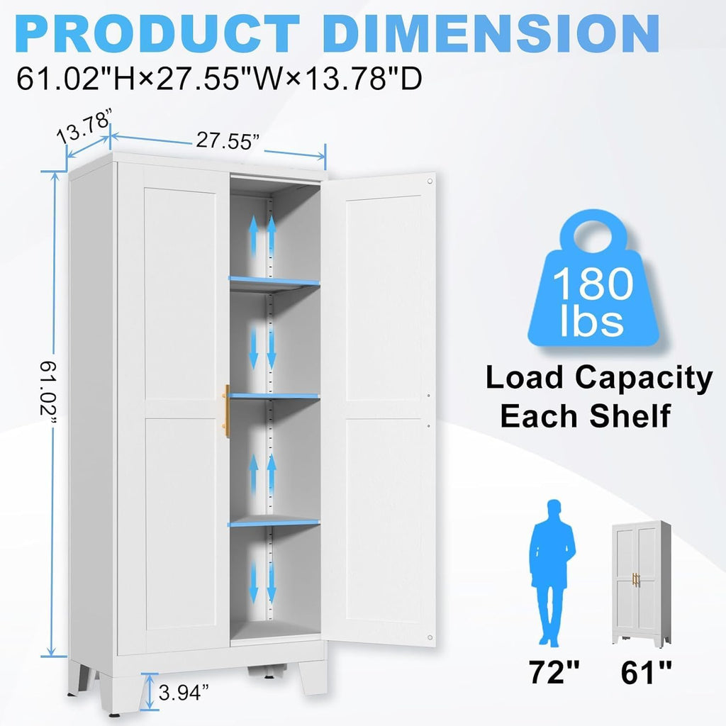 erosoei 61.02'H Pantry Storage Cabinet, Kitchen Storage Cabinets with Adjustable Feet and Shelves, Metal Pantry Cabinet for Kitchen, Living Room, Laundry Room and Dinning Room (2door-White)
