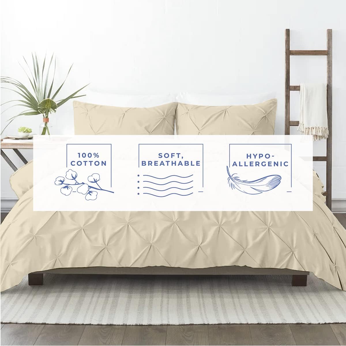 All Season Down Alternative Premium Pinch Pleated Comforter Sets 500 GSM 100% Soft Egyptian Cotton 1-Pintuck Comforter with 2-Pintuck Pillowsham-Oversized King Size, Beige
