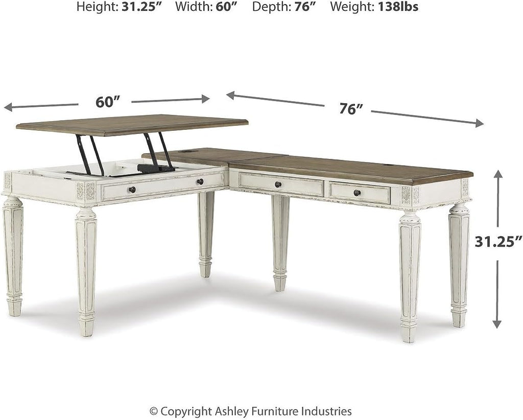 Signature Design by Ashley Realyn French Country 3-Drawer 2-Piece Home Office Desk with Spring Lift Top, USB Ports and AC Plug-Ins, Dark Brown & White