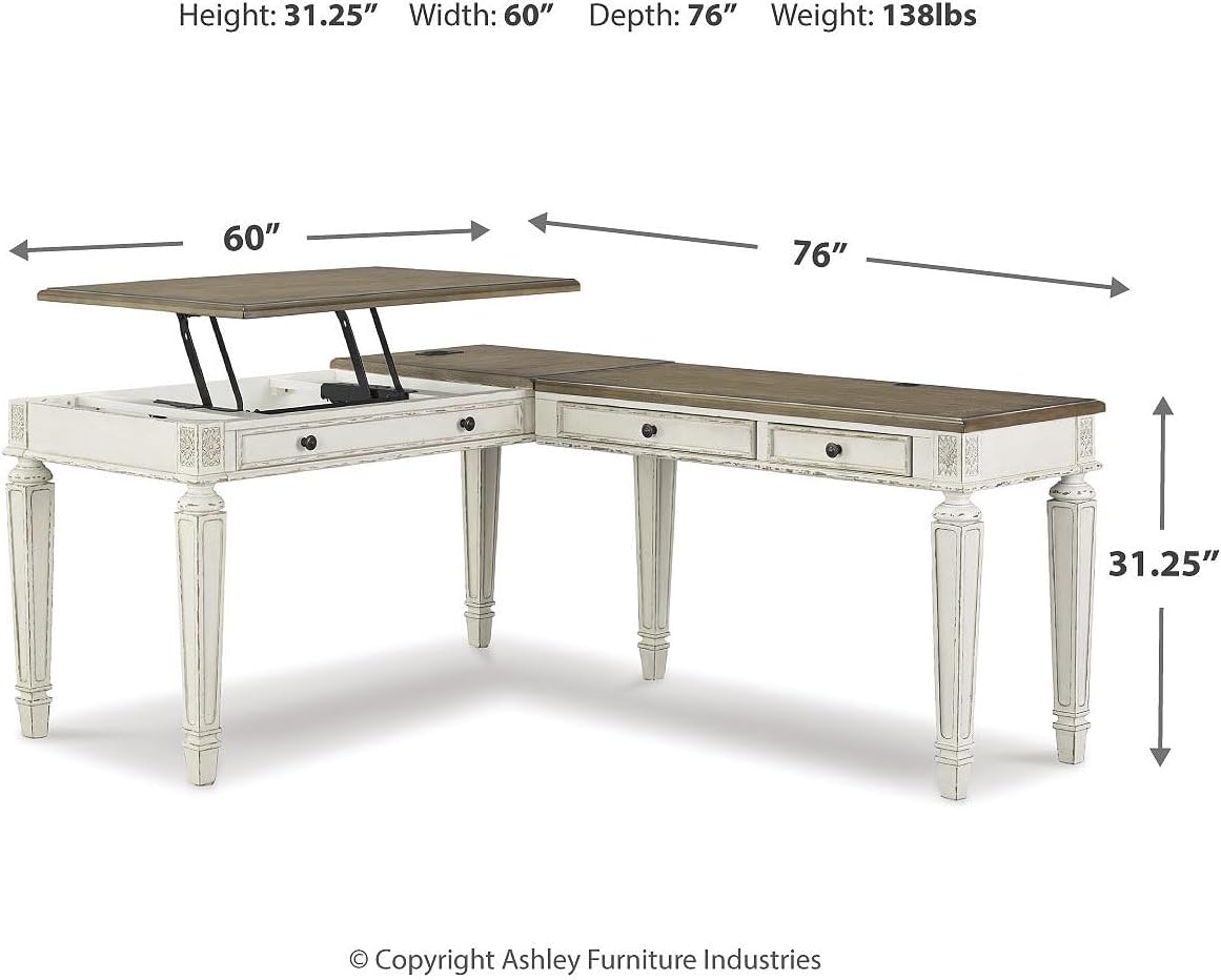 Signature Design by Ashley Realyn French Country 3-Drawer 2-Piece Home Office Desk with Spring Lift Top, USB Ports and AC Plug-Ins, Dark Brown & White