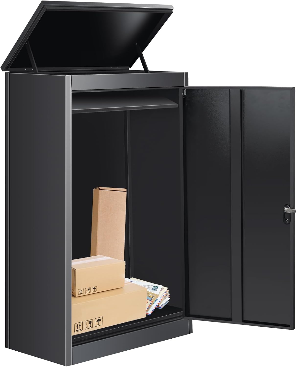 43.5' Package Delivery Box for Outside - Lockable Black Metal Parcel Drop Box, Anti-Theft, IPX4 Waterproof, Weather-Resistant Mailbox for Porch, Fence, Curbside (XL)