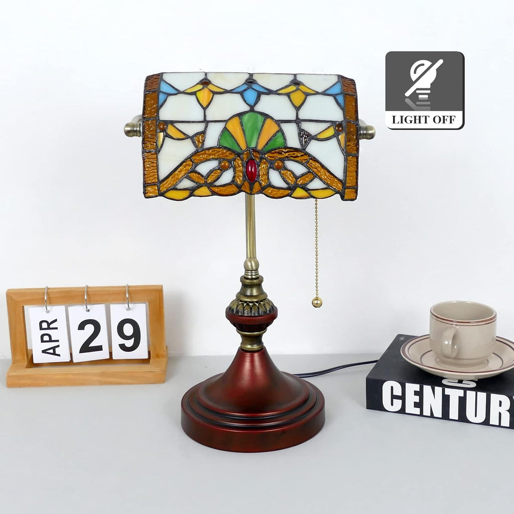 Beige Baroque Style Banker Lamp Tiffany Desk Light Table Lamp Stained Glass Bankers Desk Lamp Banker Table Lamp 10' Wide 15' Tall Vintage Tiffany Style Lamp for Home Living Room Nightstand