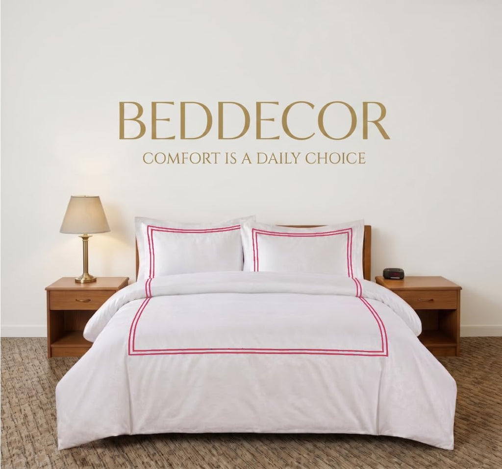 BedDecor Luxury 400-TC Egyptian Cotton 5PC Embroidered Duvet Cover Set with Beautiful 2-Stripe Embroidery(Brick Red, Full/Queen)