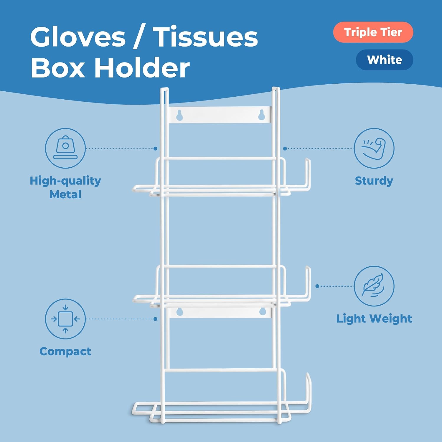 FMP Brands 10 Pack Triple Glove Holder for Wall Mount, Wire Rack Disposable Napkin Gloves Box Holder, White Durable Metal Organizer Glove Rack Holder for Food Service, Lab, Office, Home, and Garage
