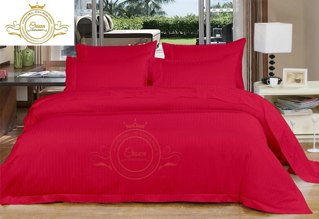 Crown Collection Hotel Beddings 600-Thread-Count 100% Egyptian Cotton 4 Piece Sheet Set Fit Upto 12' Deep Pocket Queen Size All Around Elastic Fit Damask Striped, Hot Pink