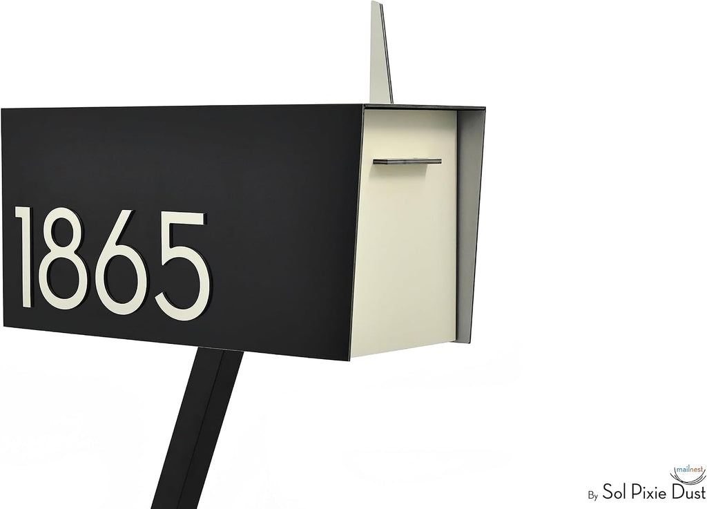 Contemporary Post-Mount Mailbox - Aluminum Black Body with Aluminum Door, Numbers and Flag - Large Customized Mailbox - Type 4 (Ivory White)
