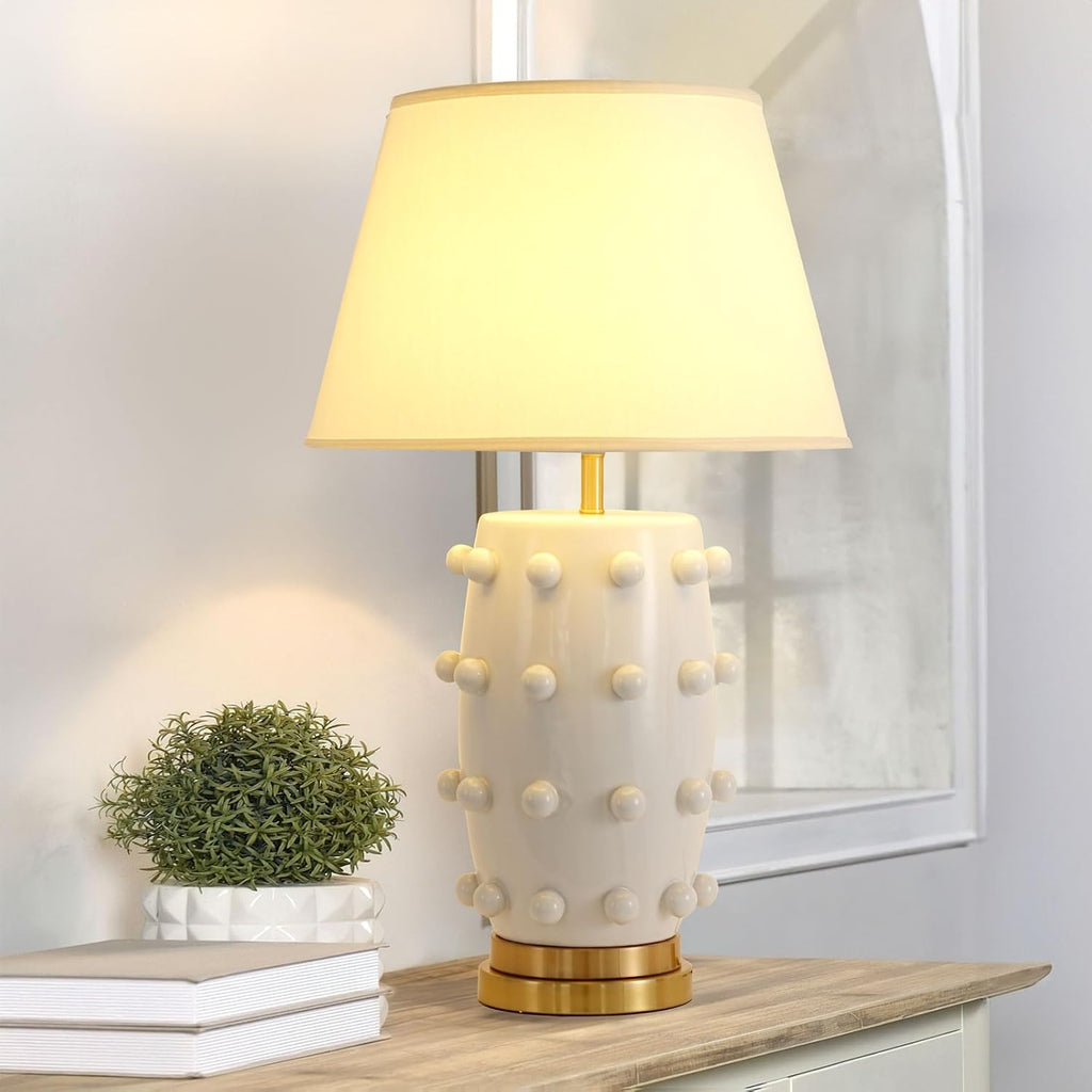 Modern Ceramic Linden Table Lamp - 30' White Ball Farmhouse Design, Classic Nightstand Large Linden Lamp Tapered Drum Shade for Living Room, Bedroom, Office, and Home （White）