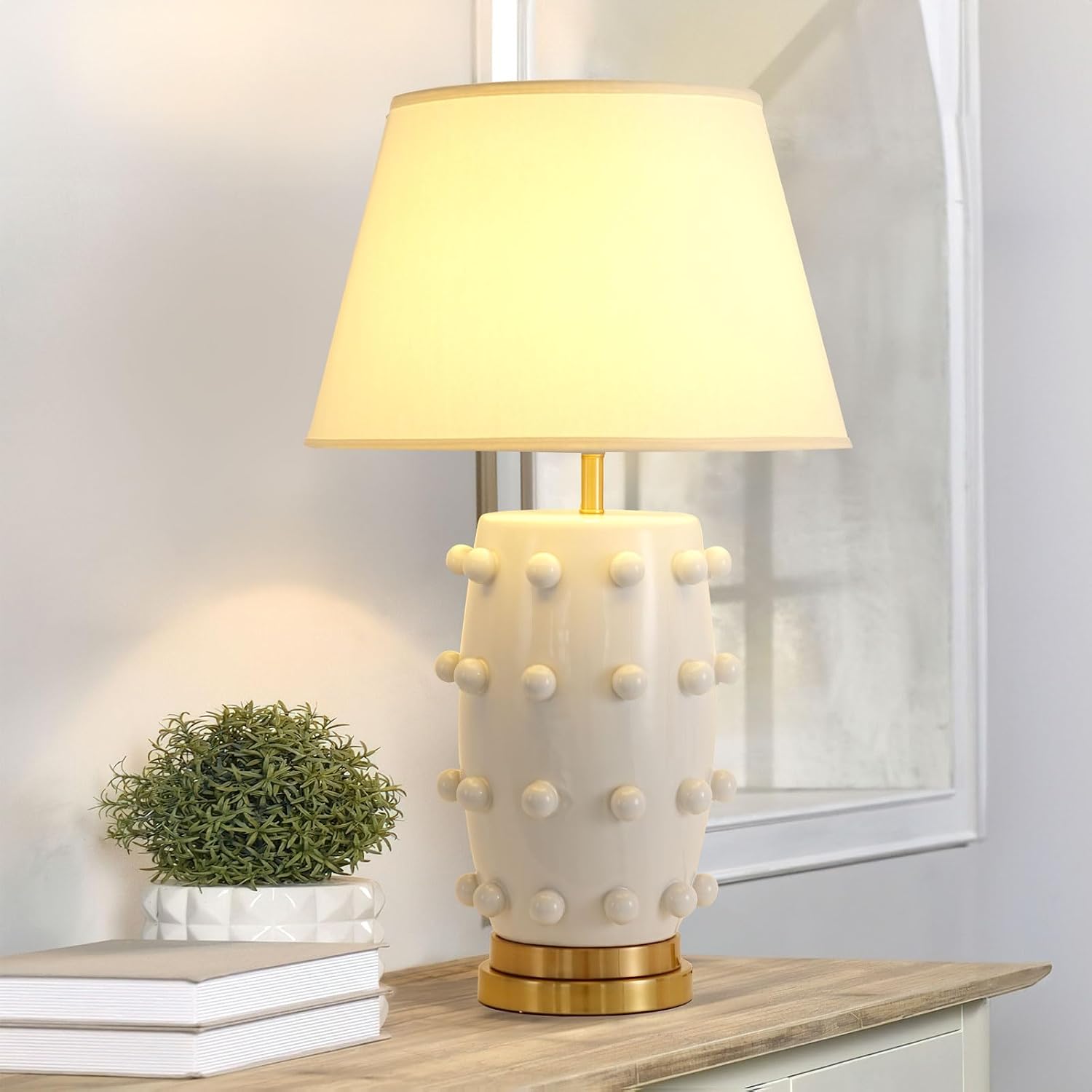 Modern Ceramic Linden Table Lamp - 30' White Ball Farmhouse Design, Classic Nightstand Large Linden Lamp Tapered Drum Shade for Living Room, Bedroom, Office, and Home （White）