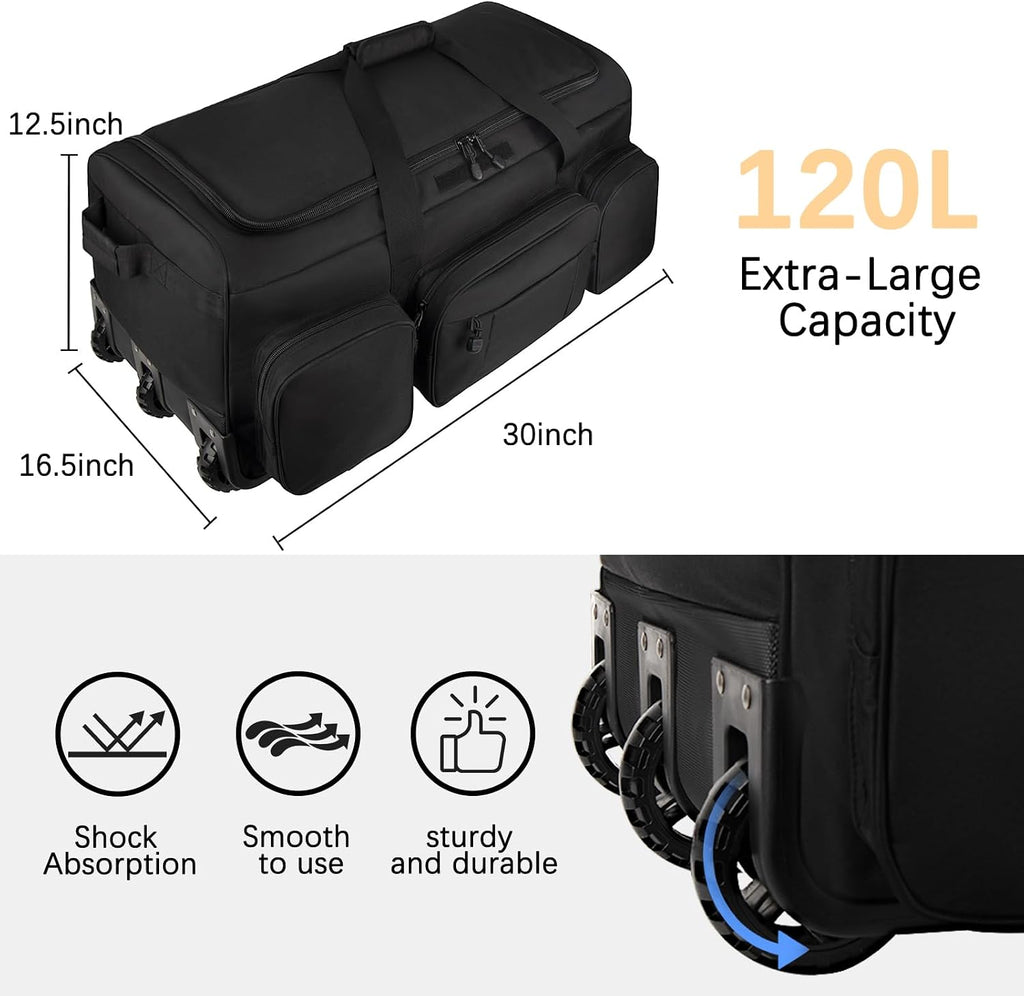 120L 3 Wheel Tactical Rolling Duffle Bag, Heavy Duty Military Deployment Luggage, 900D Waterproof Duffel for Camping Travel Outdoor Sports