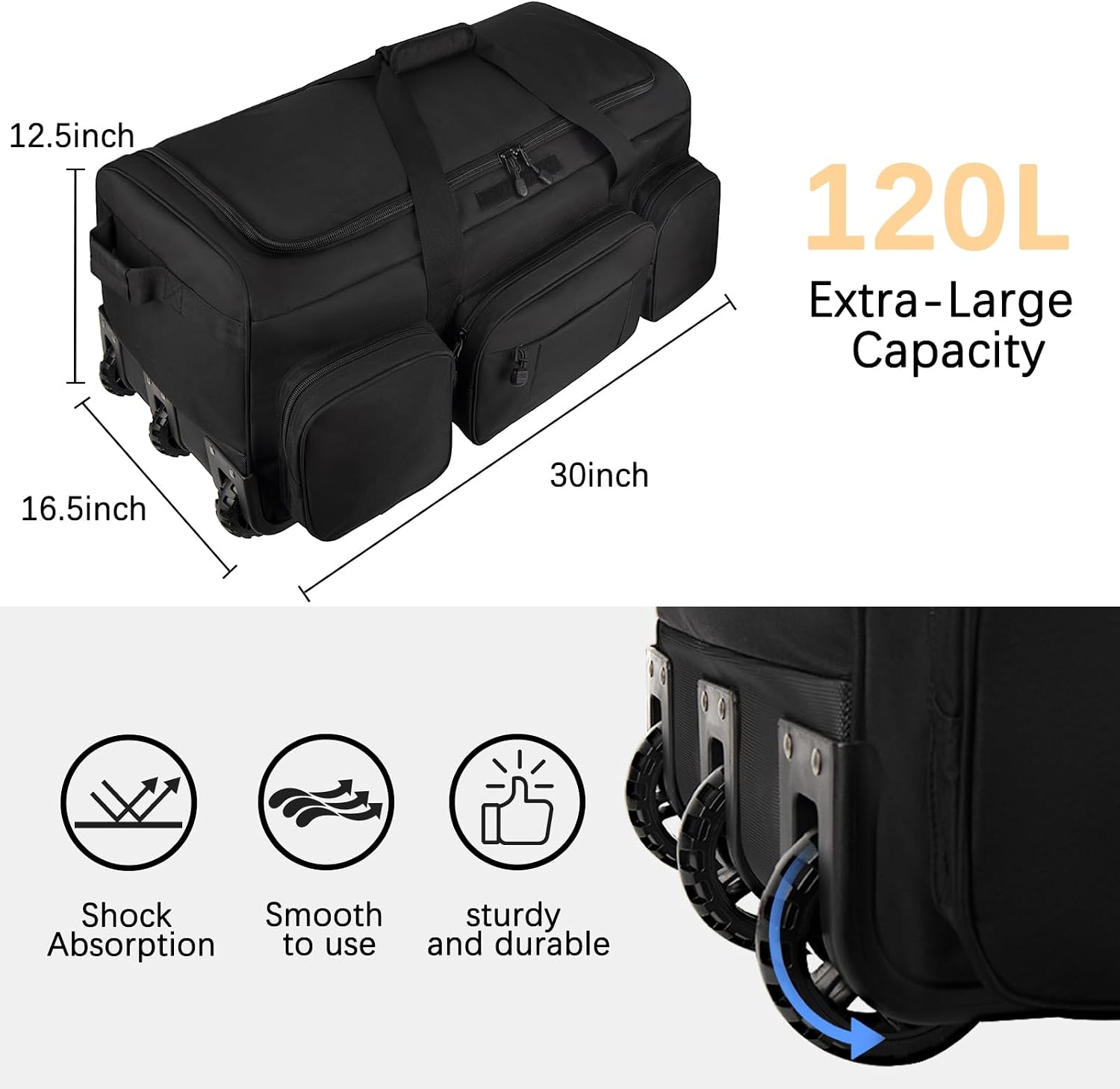 120L 3 Wheel Tactical Rolling Duffle Bag, Heavy Duty Military Deployment Luggage, 900D Waterproof Duffel for Camping Travel Outdoor Sports