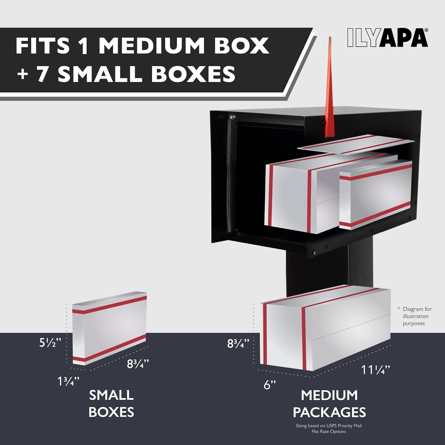 Ilyapa Post Mount Modern Mailbox - White Exterior Powder Coated & Hydro Print Ash Wood Grain Printed Door, Letterbox with Recessed Magnetic Close Door