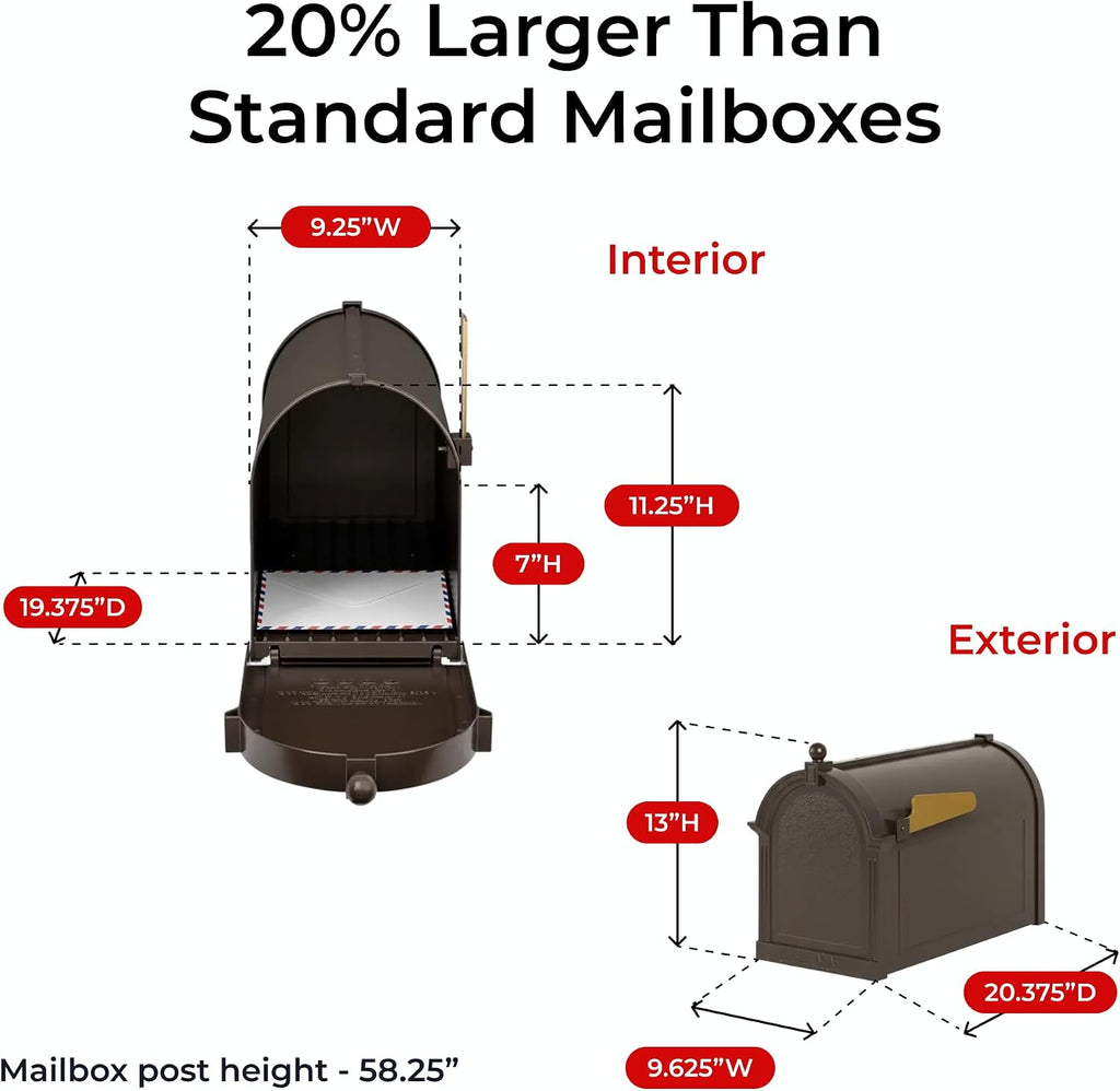 Deluxe Streetside Mailbox & Post in Bronze Personalized Side Plaques Oversized Mailbox for Home Exterior Durable Powder-Coated Cast Aluminum