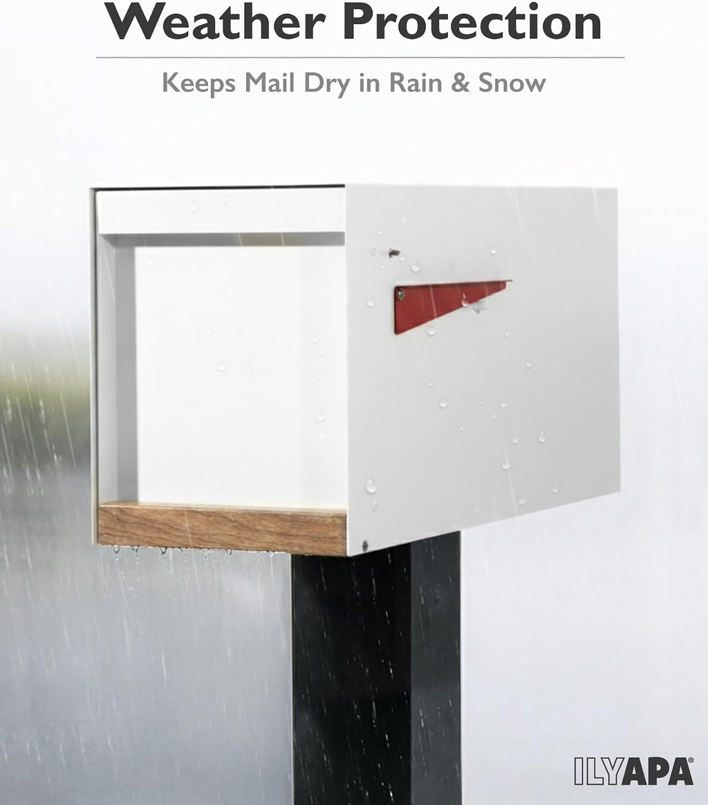 Ilyapa Modern Mailbox Post Mount Mailboxes for Outside - 21x8x10 White Powder Coated Metal Mailbox with Printed Ash Wood Grain Trim - Waterproof for Parcels, Magnetic Close Door
