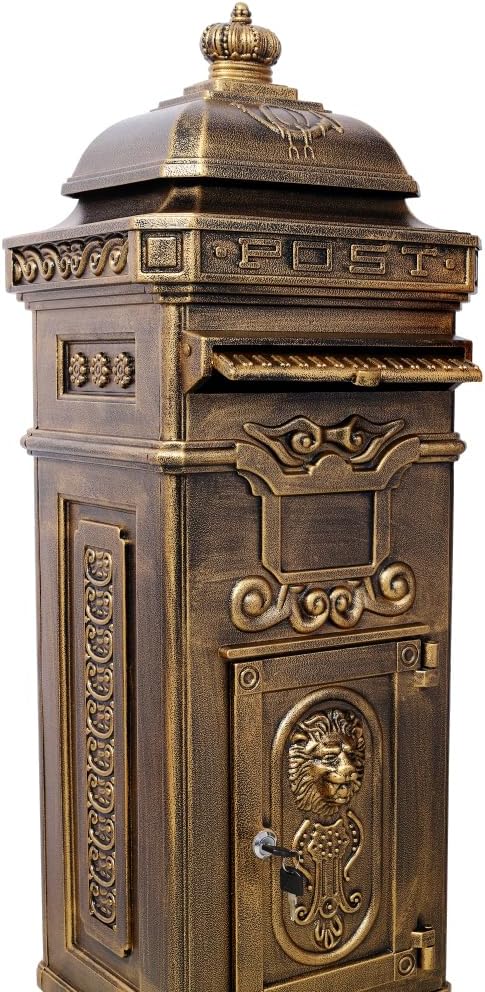 Copper Mailbox, Large Lockable Package Drop Box with Roman Statue, Rustproof Cast Aluminum Mail Boxes for Outside, Vintage Post-Mount Design, Weatherproof & Elegant Garden Letter Box (Copper)