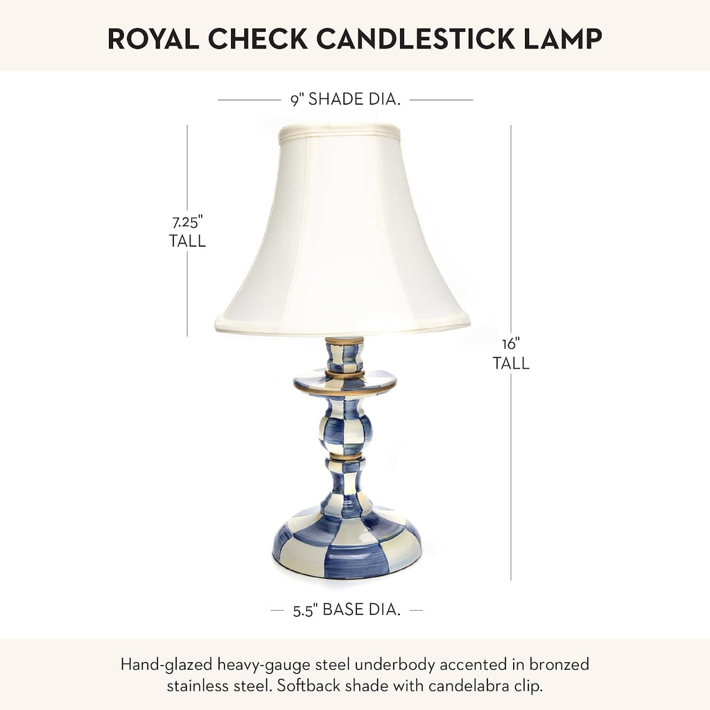 MACKENZIE-CHILDS Candlestick Lamp, Decorative Lamp for Living Room or Bedroom, Blue-and-White Royal Check