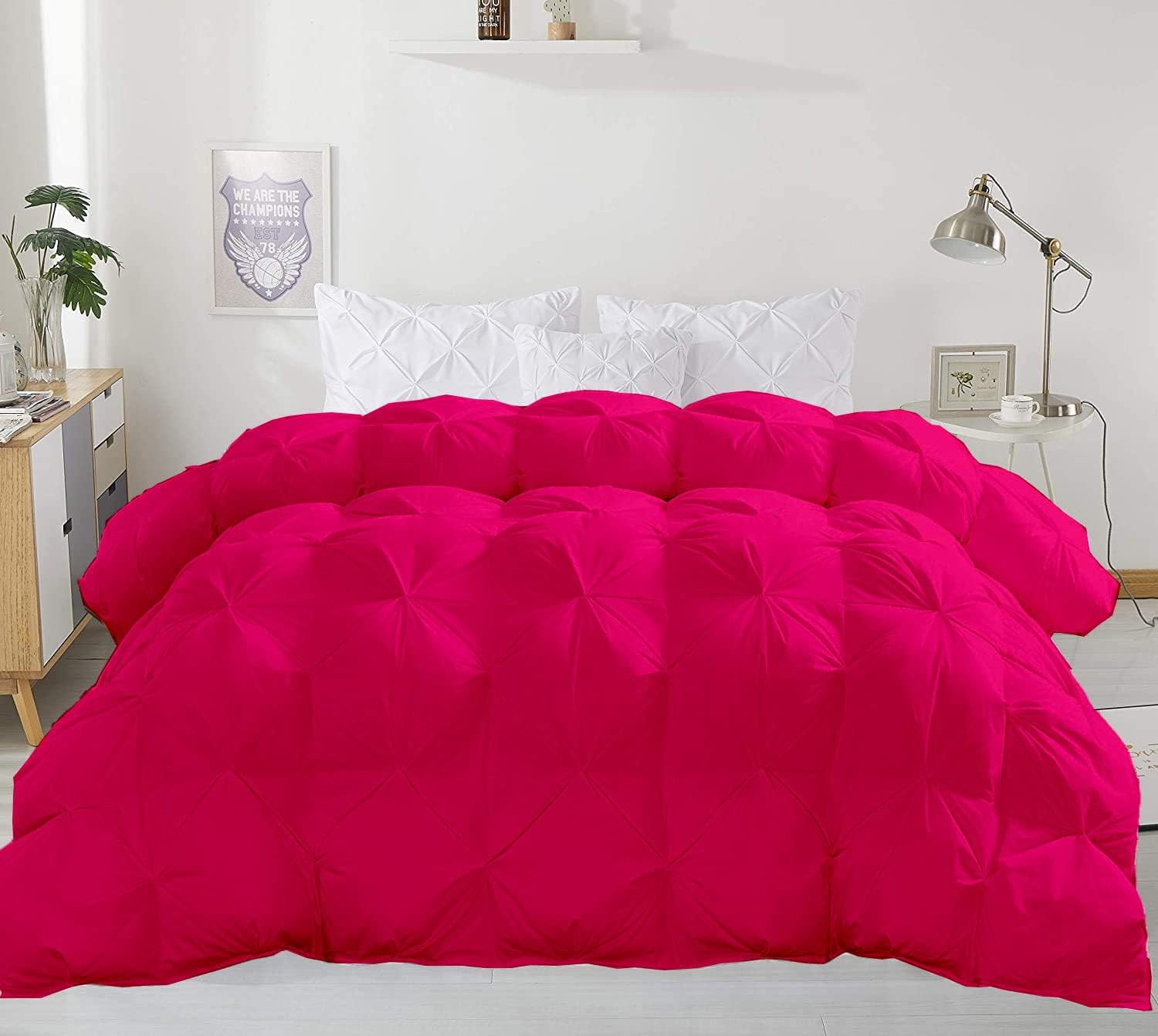 Eco Friendly 1000-TC Pinch Pleated Down Alternative Comforter 1pc Comforter & 2 pcs Pillow Covers, 700 GSM & All Side Corner Tabs 100% Egyptian Cotton (Oversized Queen Size (98' x 98'), Hot Pink)