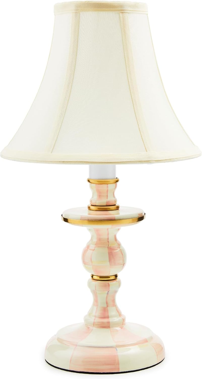 MACKENZIE-CHILDS Candlestick Lamp, Decorative Lamp for Living Room or Bedroom, Pink-and-White Rosy Check