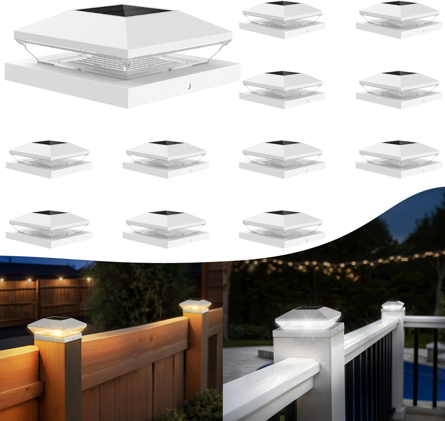 T-SUN Bright Solar Powered Fence Post Cap Lights 18 Pack – for Vinyl (4x4/5x5) & Wooden (3.5x3.5/5.5x5.5) Posts with Warm/Cool White for Mailbox, Patio, Porch