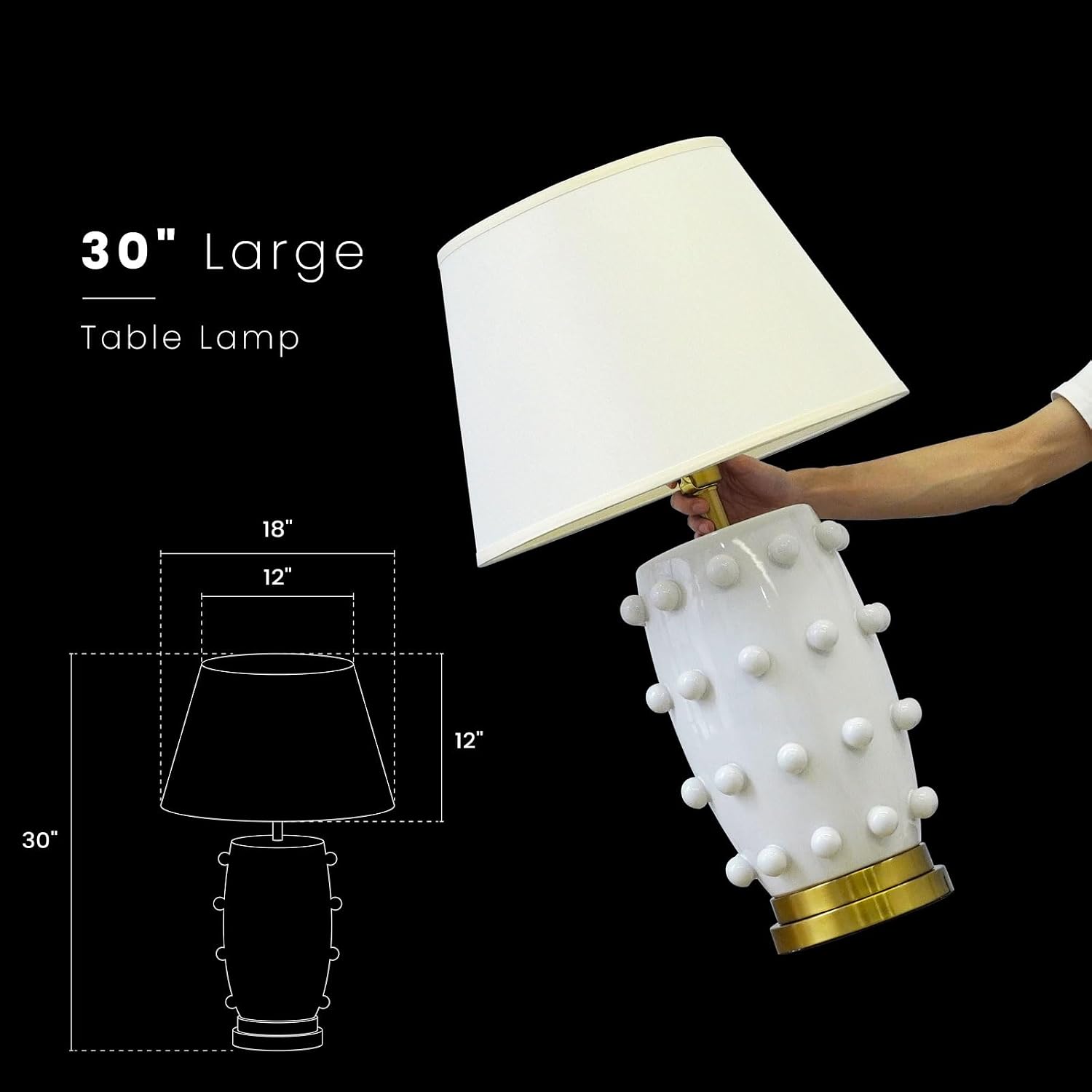 Modern Ceramic Linden Table Lamp - 30' White Ball Farmhouse Design, Classic Nightstand Large Linden Lamp Tapered Drum Shade for Living Room, Bedroom, Office, and Home （White）