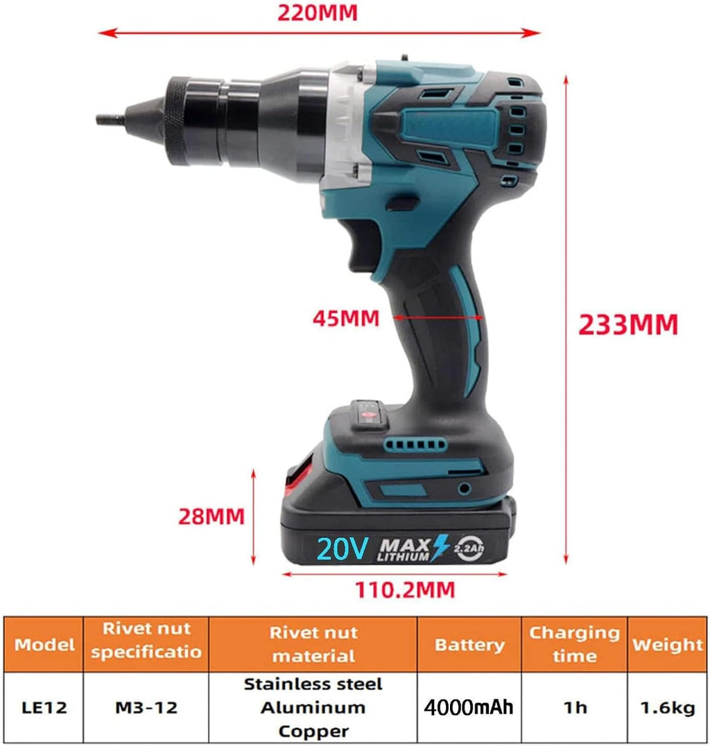 26V Electric Automatic Rivet & Rivet Nut Two Functions Professional Kit, Rivet Gun Adapter for Electric Drill, Cordless Riveting Tool Kit, M3 M4 M5 M6 M8 M10 M12 Riveting Pull Head,5200Mah