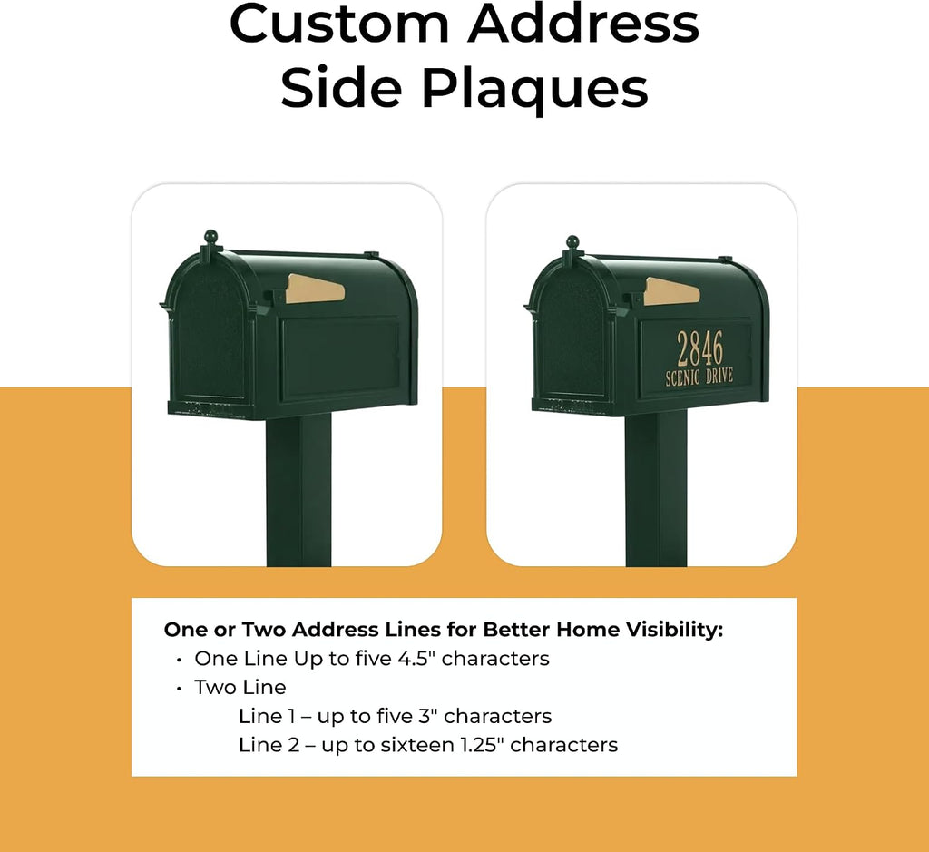 Whitehall Products Premium Capitol Mailbox Package with Personalized Side Plaques | Standard Post Fashion and Function with a Classic Design. While Enhancing The Curb Appeal of Your Home. Green