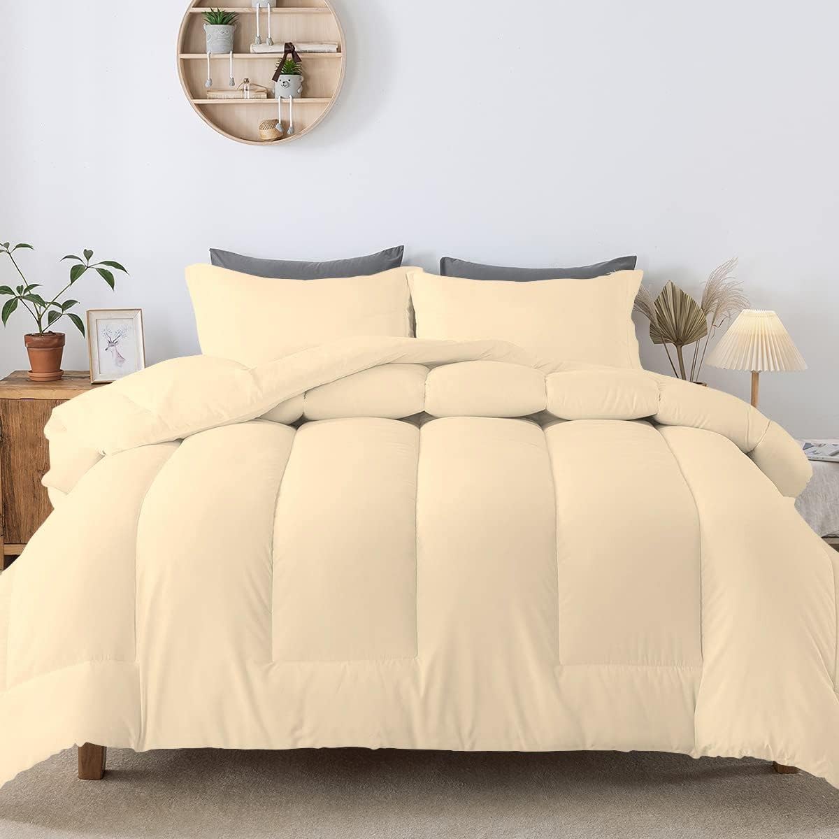 5 PC Straight Line Pattern Comforter Set Premium Super Soft 600 GSM All Season | 1000 Thread Count | 100% Egyptian Cotton ( Full/Queen Size, Ivory Color)