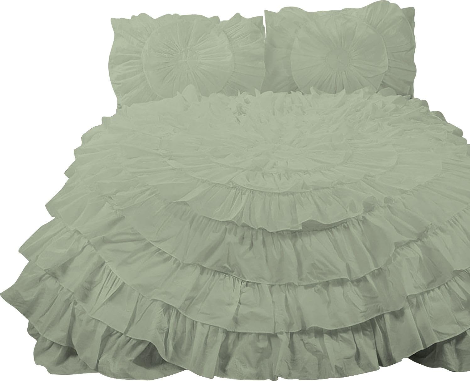 3 Piece 100% Egyptian Cotton Circle Ruffle Comforter Set, 550 GSM Filled Microfiber - Full/Queen Size, Light Sage Color - 1000 Thread Count