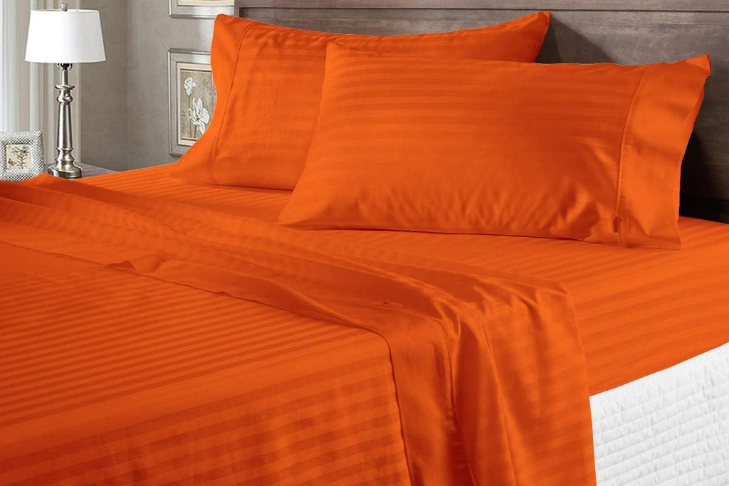 AMAY Luxury Soft 100% Egyptian Cotton 6pc Sheet Set Sateen Weave 800 TC Queen Size for Bed, Fits Mattress Upto 16-18'' Deep Pocket, Orange Stripe