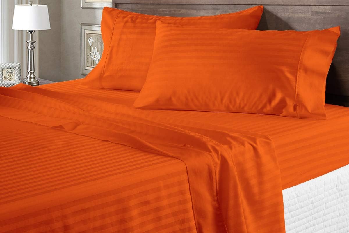 AMAY Luxury Soft 100% Egyptian Cotton 6pc Sheet Set Sateen Weave 800 TC Queen Size for Bed, Fits Mattress Upto 16-18'' Deep Pocket, Orange Stripe