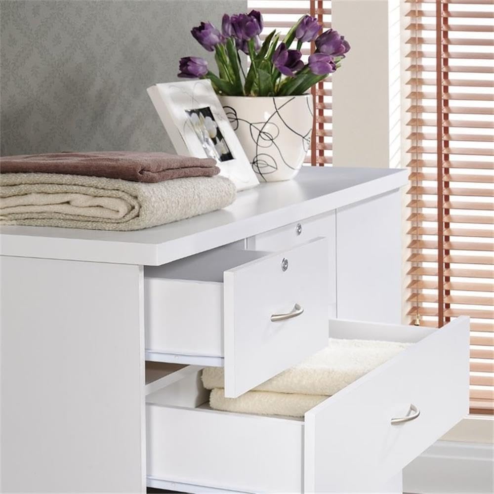 BOWERY HILL 7 Drawer Chest, White Wood, 48.6 in H x 47.2 in W x 17.6 in D, 2 Locking Drawers and Door with Shelves, Hanging Rod, Adjustable Shelves, Bedroom Storage Furniture