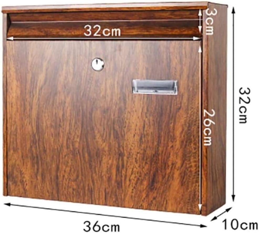 Post Box Modern Wall Mount Lockable Mailbox Outdoor Galvanized Metal Key Parcel Box Packages Drop Slot Secure Lock Outdoor Mailbox-36x10x32cm, Brown