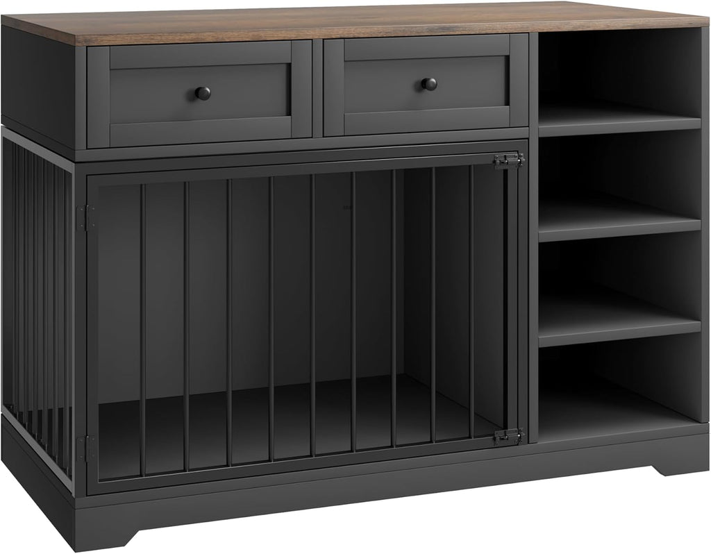 GAOMON Wooden Dog Crate Furniture with 2 Drawers and 4 Open Shelves, Multi-Functional Pet Kennel & TV Stand with Storage for Indoor Use, Black