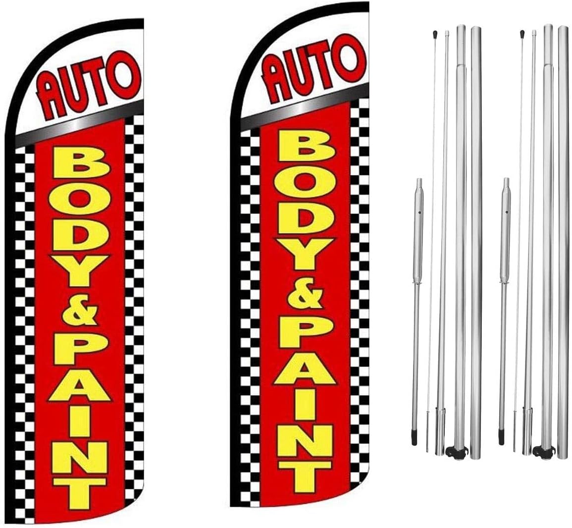 Auto Body & Paint Feather Flag | 3ft W x 11.5ft H | Durable Super-Knit Polyester with Aluminum Flagpole and Ground Spike | Outdoor Advertising Banner Flag for Promotions | Two Kits w/Hardware
