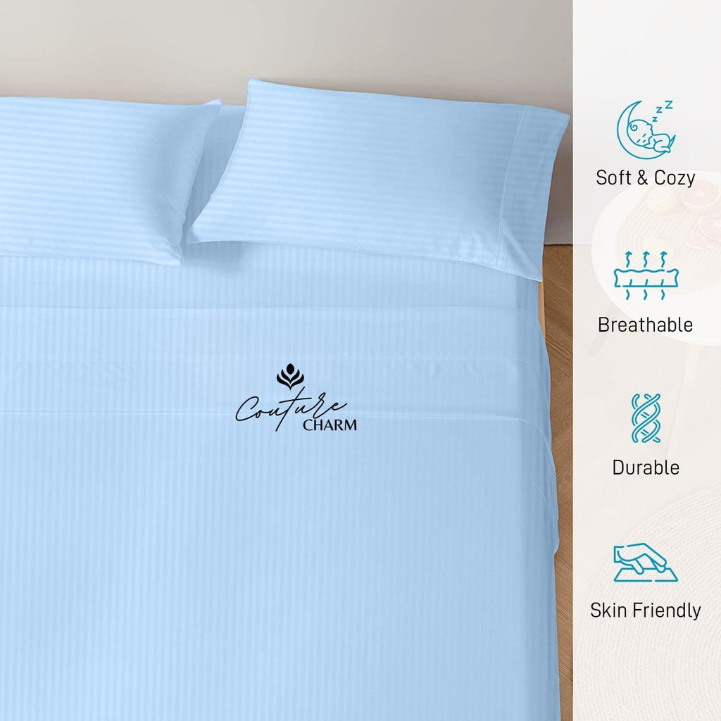 Queen Size 1000 Thread Count 100% Egyptian Cotton Sheet Set, 4-Piece, Sateen Weave, with 10-12' Deep Pocket Snug Fit (Stripe, Light Blue)