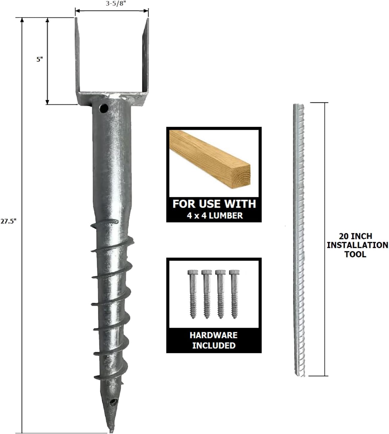 Ashman Ground Screw (4 Pack), No Dig, U-Model Screw in Post Stake - 27' Inch Long, Fits Standard 4x4 (3.5' X 3.5' Inch) Great for Mailbox Posts.